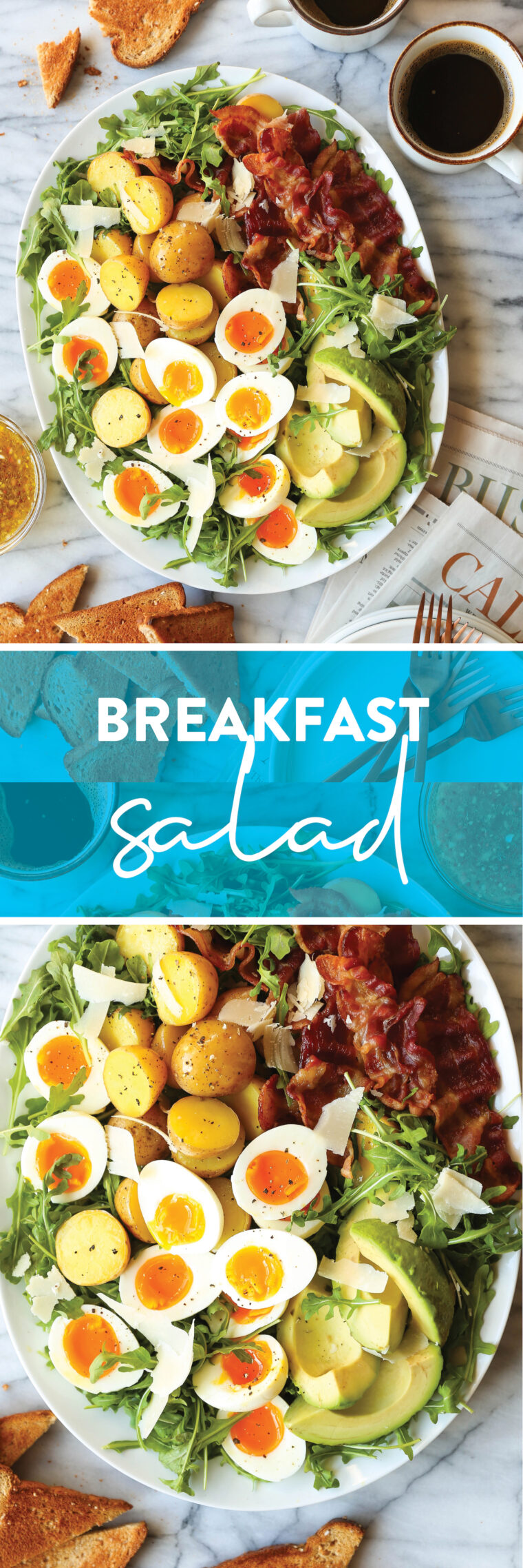 朝食サラダ-目を覚ます価値のある朝食！ 新鮮なグリーン、クリスピーベーコン、ジャミーエッグ、そしてピリッとしたピリッとしたマスタードビネグレットソース！